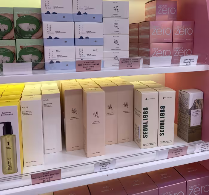 K-Beauty cosmetics shelf inside a Korean beauty store in Phnom Penh
